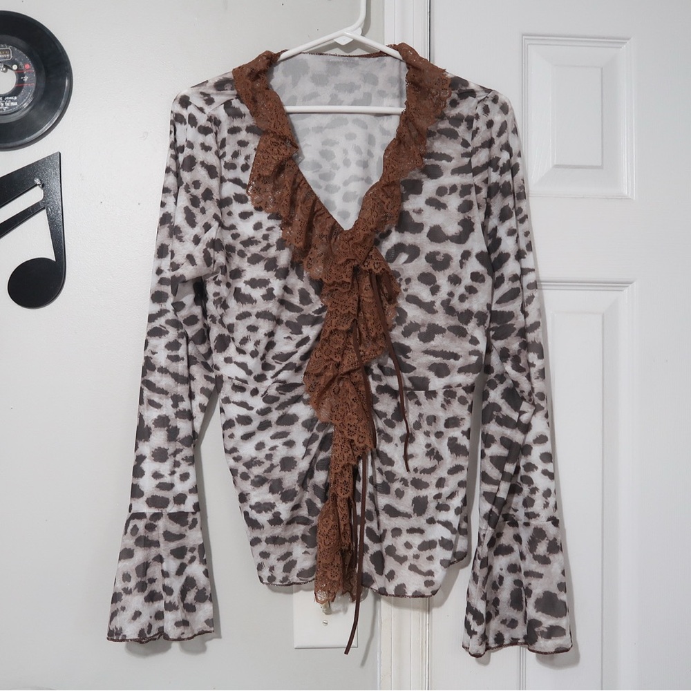 animal print sheer tie front top with ruffles